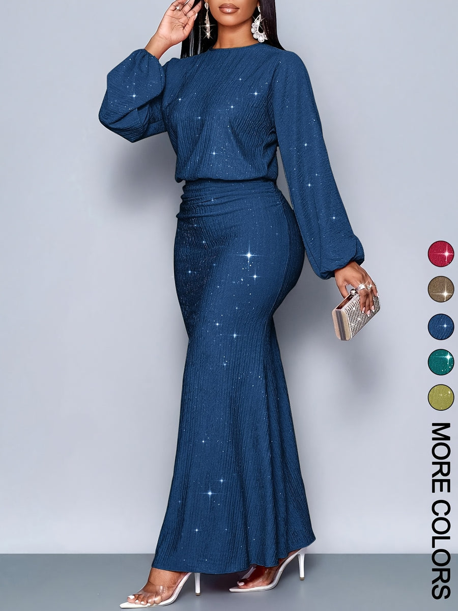 Spring Autumn Winter Christmas Party Vacation And Valentine'S Day Date Elegant Mermaid Hem Tight Sexy Long Sleeve Dress - Blue
