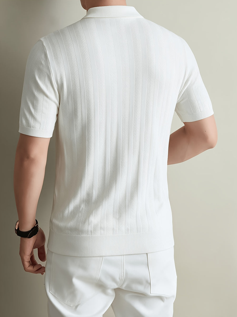 Brand Men'S Half-Zip Knitted Polo Shirt Short Sleeve Vertical Ribbed Texture Lapel Casual Summer Golf Polo Tee - White