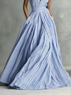 French Blue And White Vertical Striped Collar Sleeveless Dress with Waist Cincher, A-Line Flared Long Dress - Blue And White Stripes