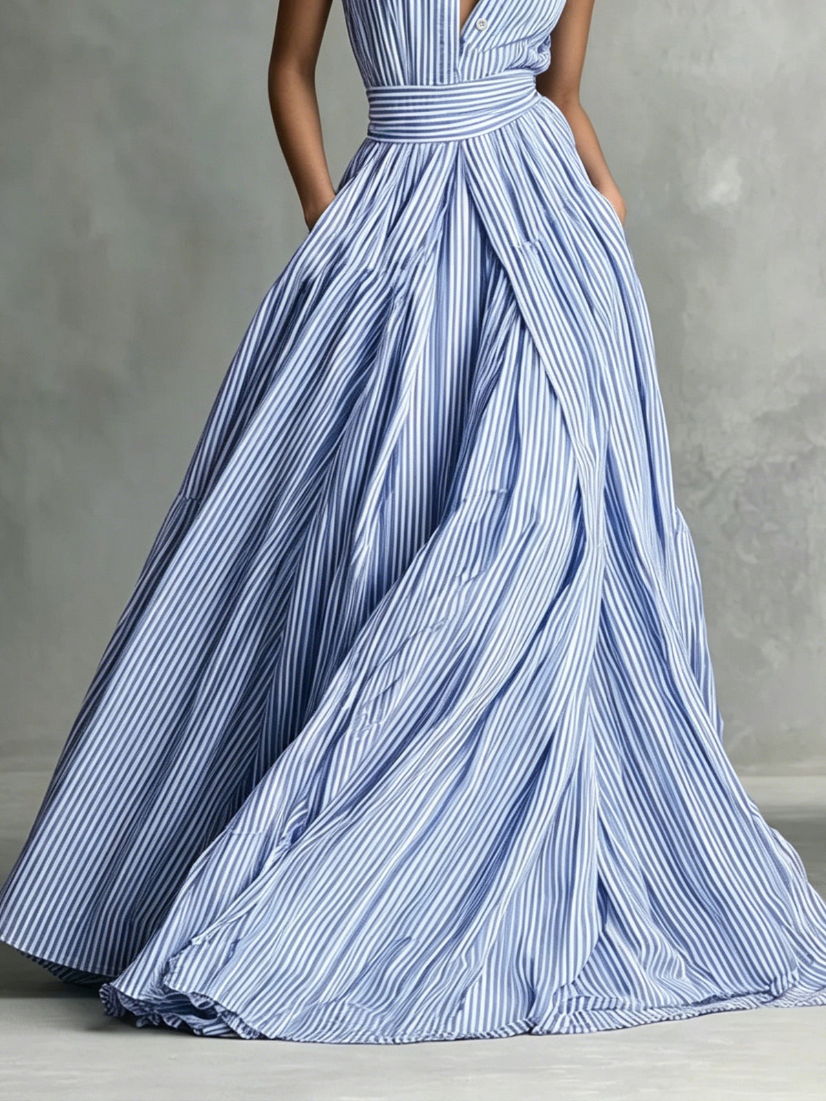 French Blue And White Vertical Striped Collar Sleeveless Dress with Waist Cincher, A-Line Flared Long Dress - Blue And White Stripes