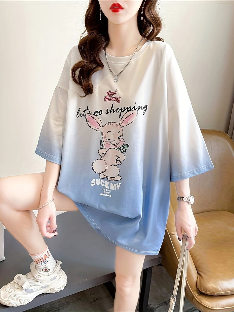 New Summer Collection of Plus-Size Loose-Fitting Stylish Cartoon Print Women'S Mid-Length Short-Sleeve T-Shirts - K71-L