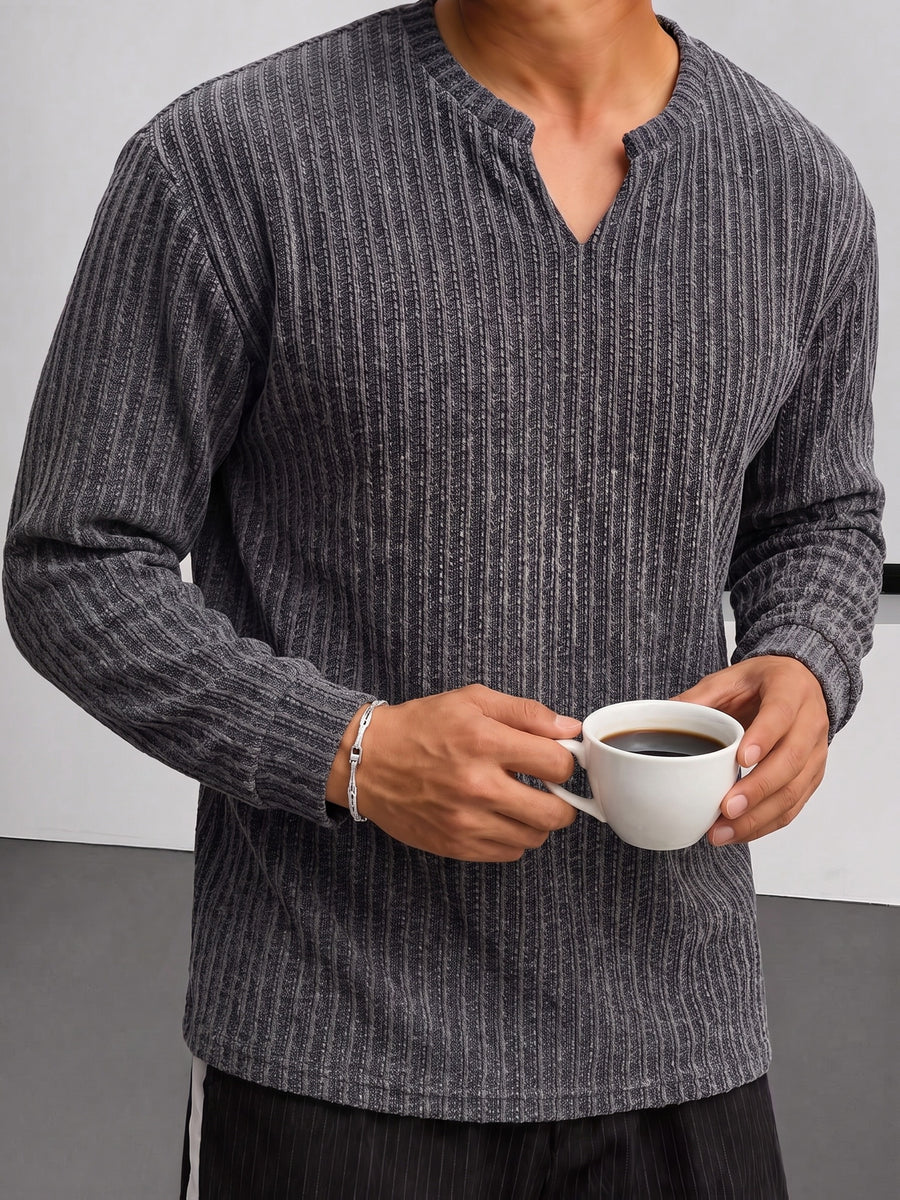 Men's Fashion Casual Long-Sleeve Henley Shirt | High-End Houndstooth Textured Jacquard Henley Collar T-Shirt | Notched V-Neck Design | Long-Sleeve Henley T-Shirt in a Loose and Comfortable Fit | Essential Golf Polo Attire | Breathable - Silvery Grey
