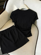 New Summer Bowknot Casual 2pcs Set for Women, Slim-Fit Short Sleeve T-Shirt + Drawstring Mini Skirt, Sweet and Spicy Style, and Versatile Swear Set - Black