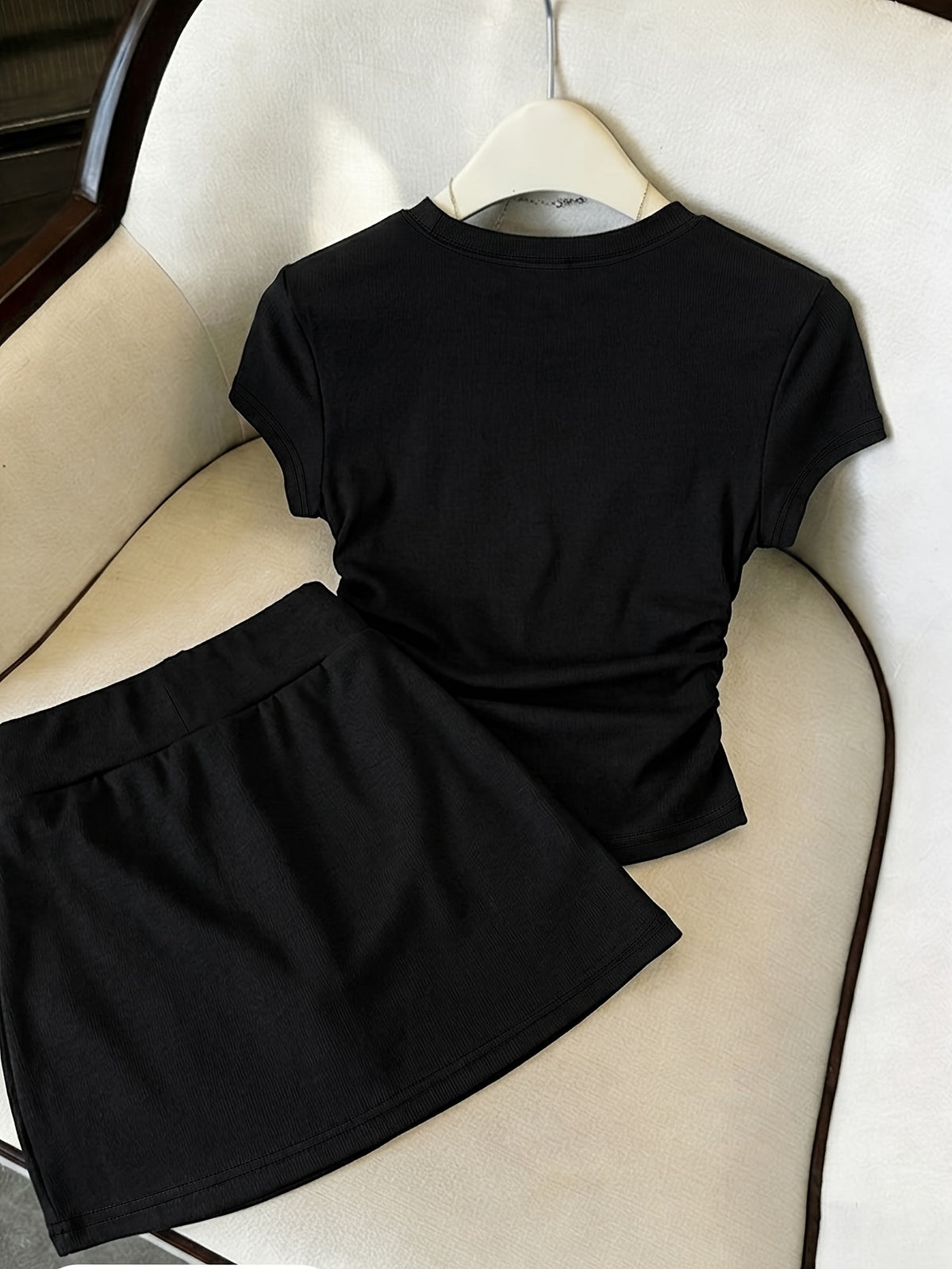 New Summer Bowknot Casual 2pcs Set for Women, Slim-Fit Short Sleeve T-Shirt + Drawstring Mini Skirt, Sweet and Spicy Style, and Versatile Swear Set - Black