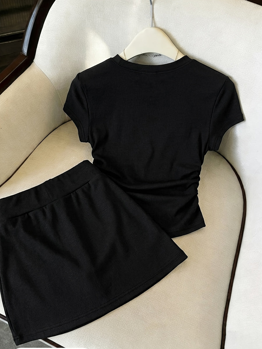 New Summer Bowknot Casual 2pcs Set for Women, Slim-Fit Short Sleeve T-Shirt + Drawstring Mini Skirt, Sweet and Spicy Style, and Versatile Swear Set - Black
