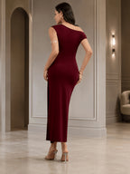 Women's Elegant Burgundy Roostertail Maxi Dress, Sleeveless Asymmetrical Neck Ruched Waist Golden Accent Bodycon Evening Gown for Wedding Guest, Banquet, Gala & Formal Party - Burgundy