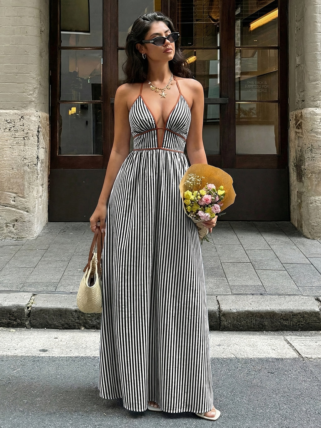 Women's V-Neck Striped Vacation Dress, Sleeveless Sexy Halter Neck Long Dress - Black