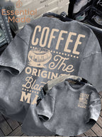 American High Street COFFEE Coffee Bean Cafe Themed Letter Print Distressed Washed Short-Sleeve T-Shirt - Loose Fit Casual American Vintage Style Men's Washed T-Shirt Casual Top - Light Gray 1