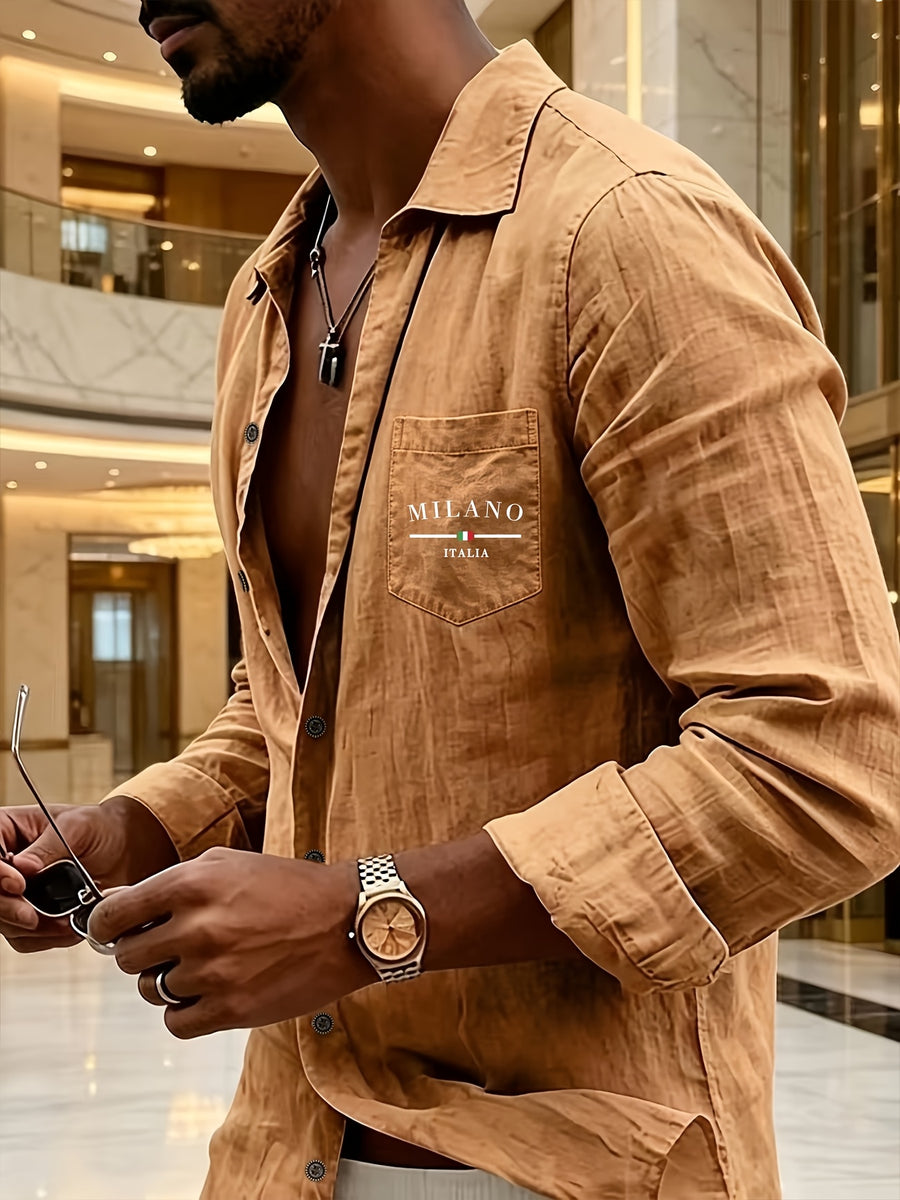 Men's Henley Shirt in Linen with Long Sleeves, Featuring Comfortable and Breathable Fabric with Trendy Printed Designs. Suitable for Daily Outings, Outdoor Sports, Travel, and Vacations. Lightweight and Breathable with a Regular Fit, Chest Pocket - Light Brown-1