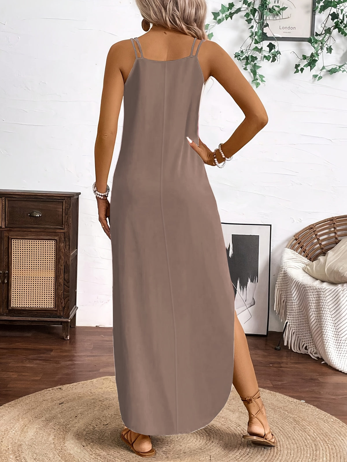 Spring/Summer New Arrival: European and American Fashion Trend Women's Solid Color Notched V-Neck Camisole Dress for Vacation and Leisure - Khaki