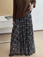 Vacation Style Coffee Brown Plaid Chiffon Pleated Half Skirt Spring Autumn High Waist Mid-Length A-Line Skirt Casual Commute Drapey Flared Skirt - Gray Blue
