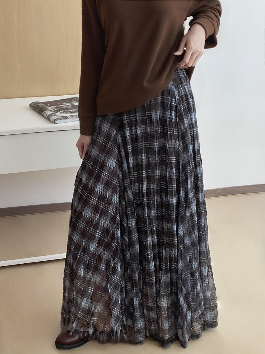 Vacation Style Coffee Brown Plaid Chiffon Pleated Half Skirt Spring Autumn High Waist Mid-Length A-Line Skirt Casual Commute Drapey Flared Skirt - Gray Blue