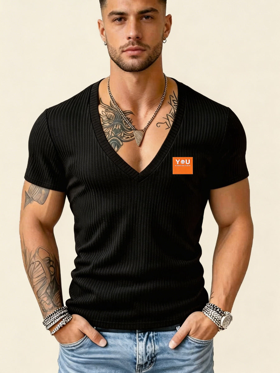 Versatile Vertical Stripe Short-Sleeve T-Shirt for Men, Deep V-Neck Textured Slim Fit Top for Commuting and Fitness - Black 6