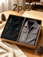 Men'S Spring Autumn Solid Color Long Sleeve Functional Warm Jacket, Corduroy Solid Color Jacket, Lapel Button-Up Design, Fabric Upgrade, Multi-Functional Chest Pockets, Suitable for Casual Daily Wear And Home Wear (2pcs Set) - Black+Grey