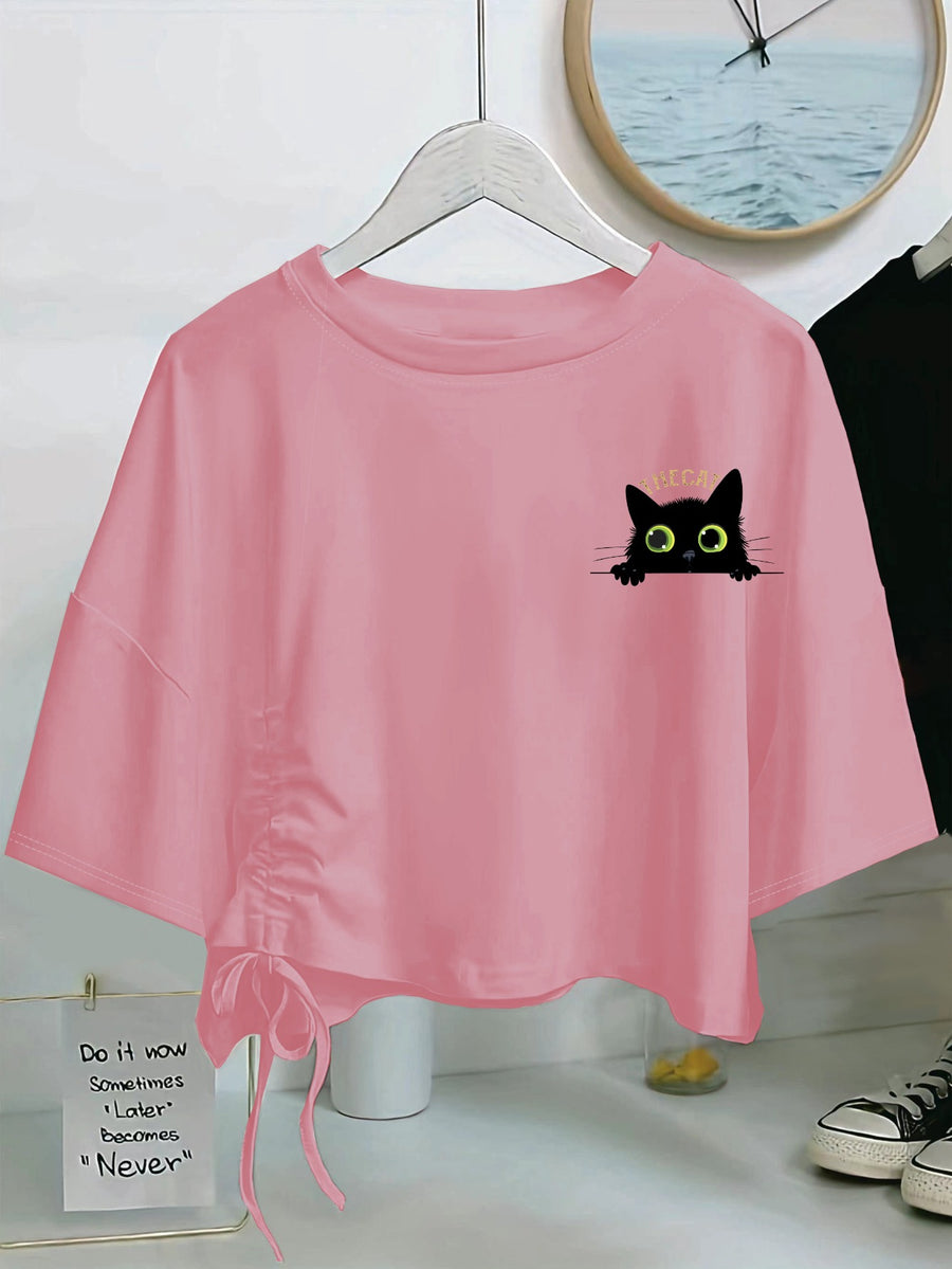 New Women'S Casual Short-Sleeve T-Shirt - Featuring a Cute Cat Head Print, Comfortable Loose Fit, Drawstring Hem Design That Reveals The Waist, Made from Soft Fabric, Machine Washable, Perfect for Spring And Summer Fashion, Suitable for Travel - Peach
