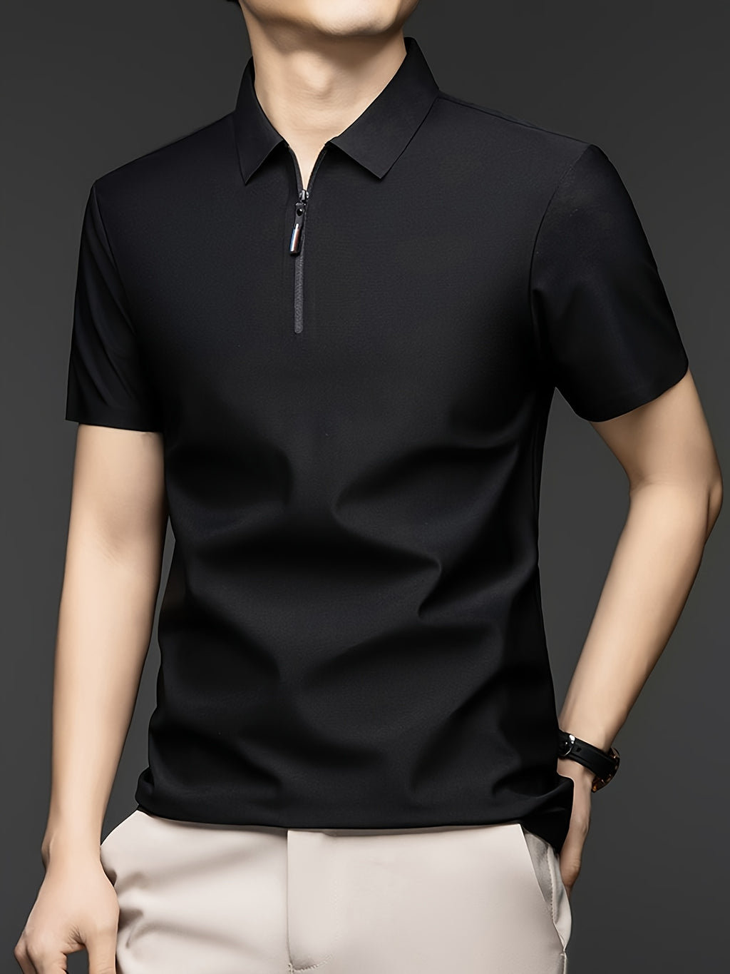 Men's Summer Short-Sleeve Half-Zip Lapel Polo Shirt - Solid Color T-Shirt Suitable for Casual & -Casual Wear, Breathable Half-Zip Collar, Short Sleeve Lapel Collar, Hand Washable Solid Color Polo Tee for Office or Everyday Outfits - Black
