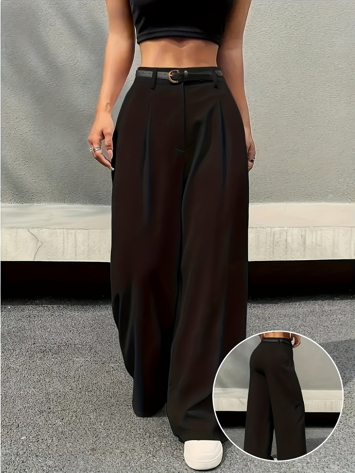 High-Waist Straight-Leg Pants - Women's Wide-Leg Trousers - Solid Color Elegant Commuter Pants, Suitable for Work and Casual Wear, All-Season, Machine Washable, Belt Not Included - Black