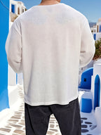 Men's Pullover Crew Neck Loose Fit Long Sleeve T-Shirt, Fitness Training Top, Knitted Fashionable Casual Basic Shirt, Breathable Pullover - White