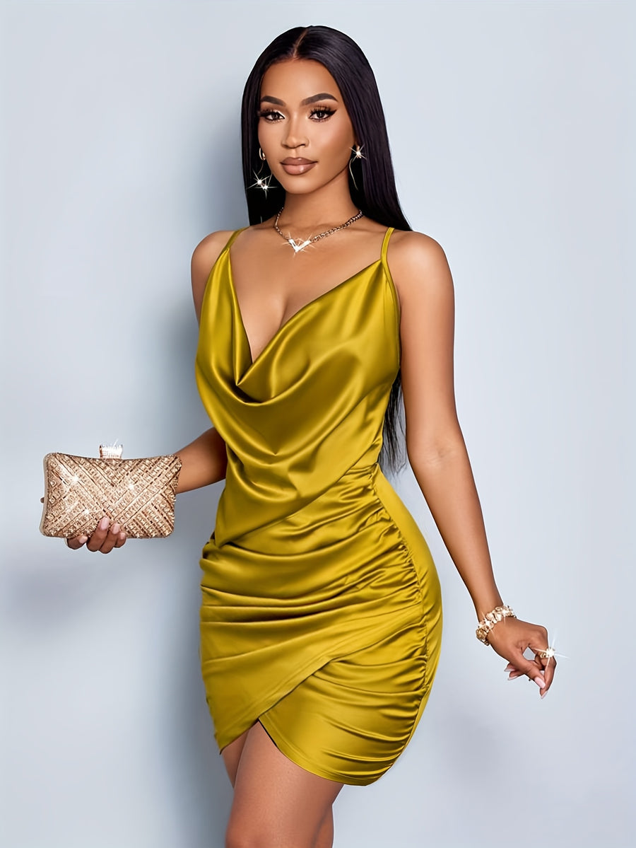 Women's Dress [V-Neck Sheath Dress] Elegant V-Neck Sleeveless Sheath Dress | Chic Solid Colour, Pleated Details, Ruffle Details, | for All Seasons, Sophisticated Style - ginger-colored