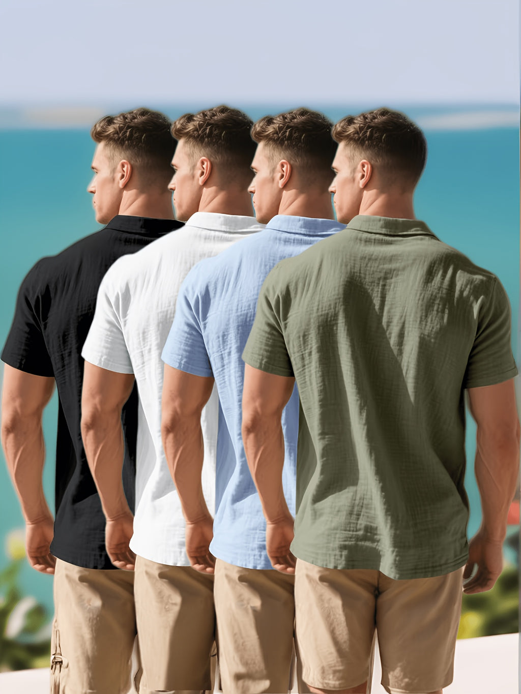 2026 Summer Men's 4pcs Set: Casual Vacation Relaxed Breathable Linen-Textured Business Casual Loose Fit Comfortable Minimalist Basic Style for Seaside Beach Golf Fishing Short-Sleeve Shirt - Black And White Blue Green