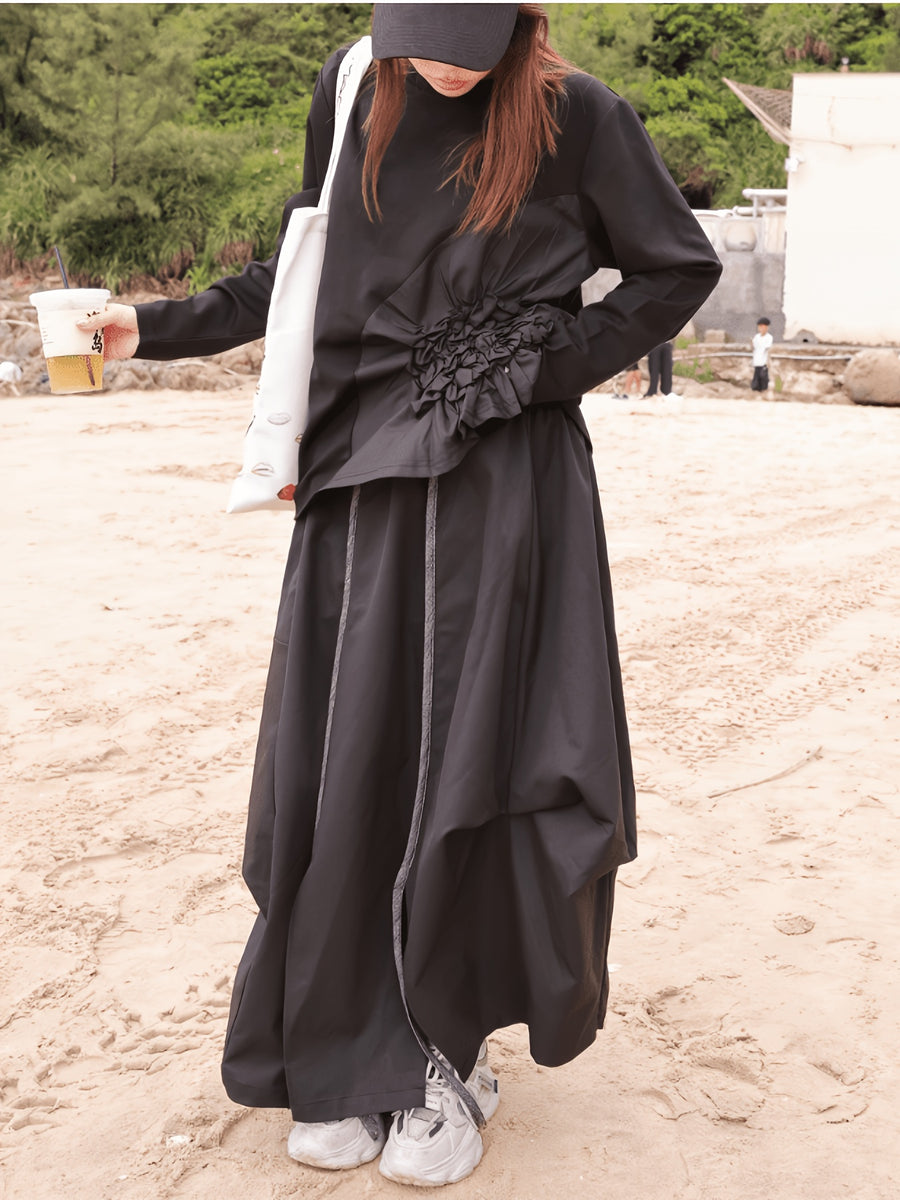 Women'S 2026 Summer New Black Elegant Temperament High-Waist A-Line Mid-Length Casual Skirt - Black