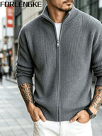 FORLENGKE Men Business Casual Stand Collar Full Zip Ribbed Knit Cardigan, Thick Warm Loose Long Sleeve Sweater Jacket for Fall Winter Office Daily Wear - Grey
