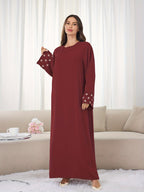 1pc (Headscarf Not Included) Elegant Cute Cuffed Small Daisy Embroidery Dress, Fashionable, Elegant, And Casual Abaya Dress with Embroidered Small Chrysanthemums at The Cuffs, No Scarf, Solid Color, Suitable for Daily Wear - Burgundy