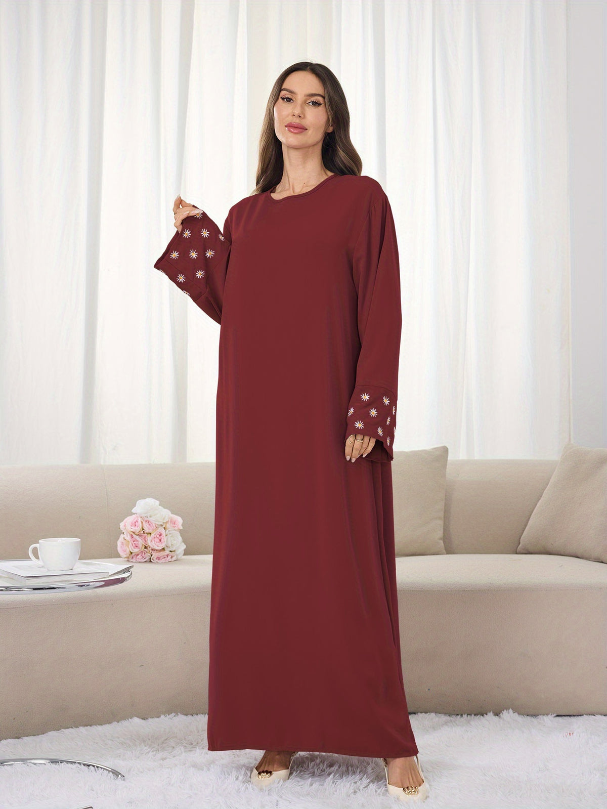 1pc (Headscarf Not Included) Elegant Cute Cuffed Small Daisy Embroidery Dress, Fashionable, Elegant, And Casual Abaya Dress with Embroidered Small Chrysanthemums at The Cuffs, No Scarf, Solid Color, Suitable for Daily Wear - Burgundy