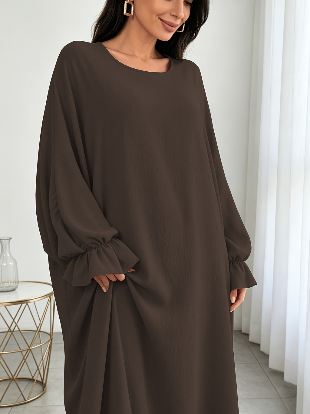 1pc Moisture-Wicking Breathable Fabric Loose Comfortable Batwing Dress Casual All-Match Abaya Suitable for Women'S Daily Wear Without Headscarf, Summer Abaya Women Abaya Women Muslim Dress Robe Summer Abaya Women - Coffee Color