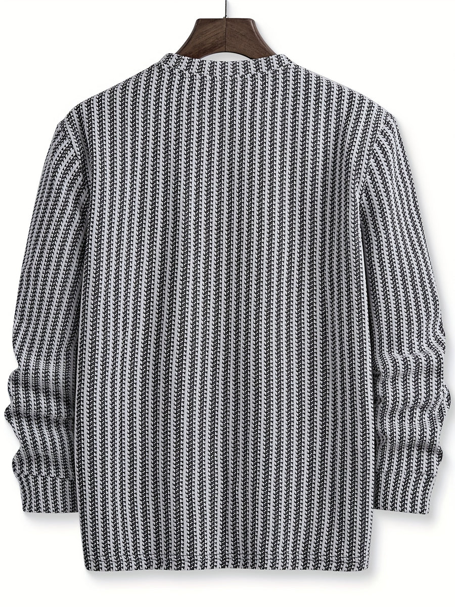 Men's Fashion Casual Knit Sweatshirt with Stand Collar in Black and White Contrast, Suitable for Daily Wear, Commuting, Versatile Fashion, Men's Henley Shirt - White