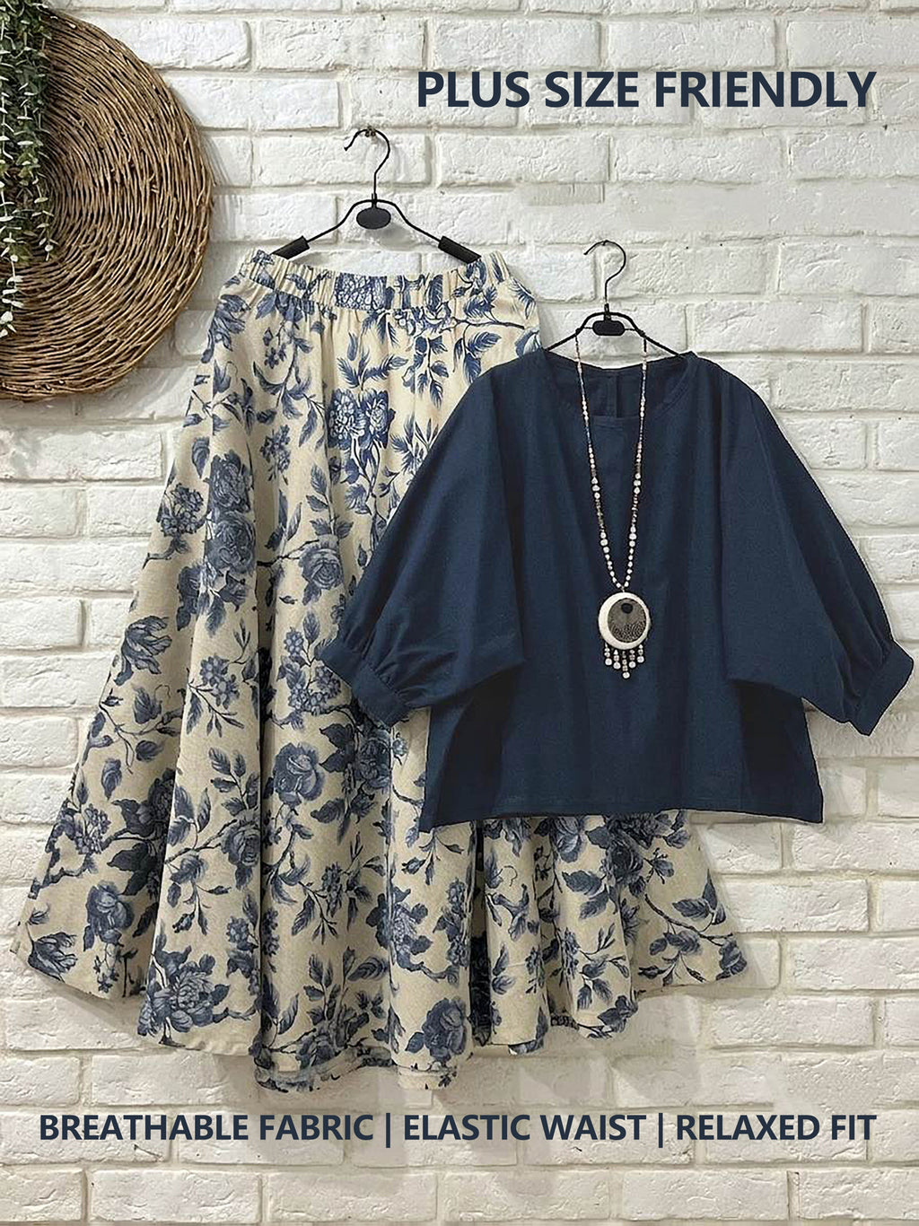 Women'S Elegant, Women'S Fashion, Women'S Casual Solid Color Top And Floral Pattern Skirt Two-Piece Set, Comfortable And Lightweight, Suitable for Spring/Summer Daily Commute, Cafe, And Vacation Wear - Navy Color