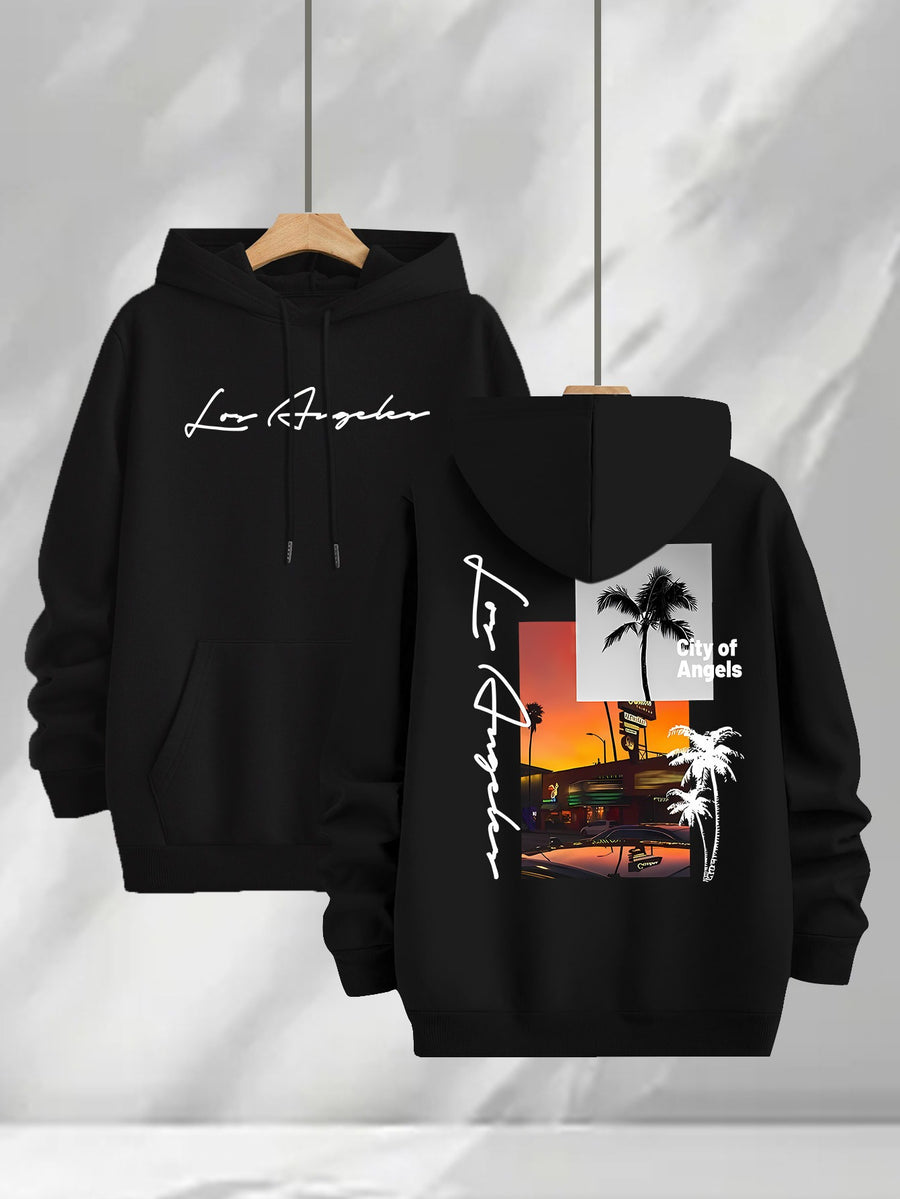 3pcs Trendy Print Sweatshirt, Men's Casual Hooded Sweatshirt, Long-sleeve Pullover, Slightly Stretchy, Knitted Polyester Fabric, Regular Fit Men's Hoodie - Black
