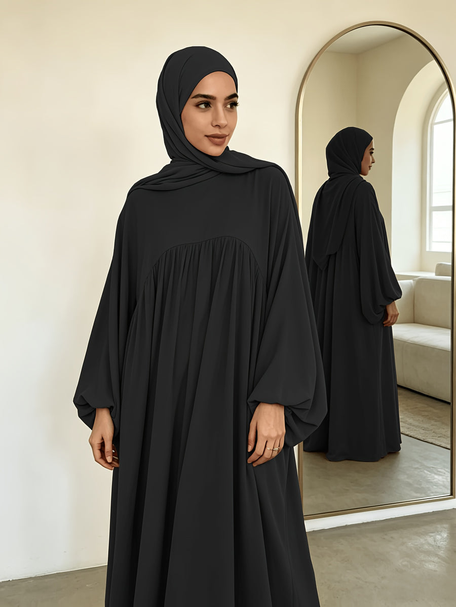 Modest Gathered Waist Maxi Dress, Loose Fit Balloon Long Sleeve Dress with Elastic Cuffs for Daily Wear - Black