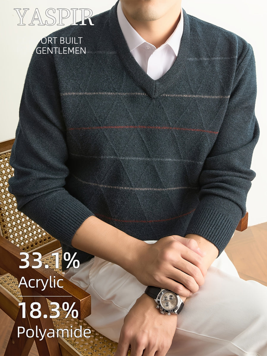 Autumn Winter Men'S Knit Pullover Sweater, Classic V-Neck Striped Design, Easy Casual Old Money Style Warm And Cold-Resistant, Suitable for Daily Commute, Leisure, Sports, Outdoor Camping, Hiking, Fishing, Holiday Gift for Father Or Husband - Dark Gray