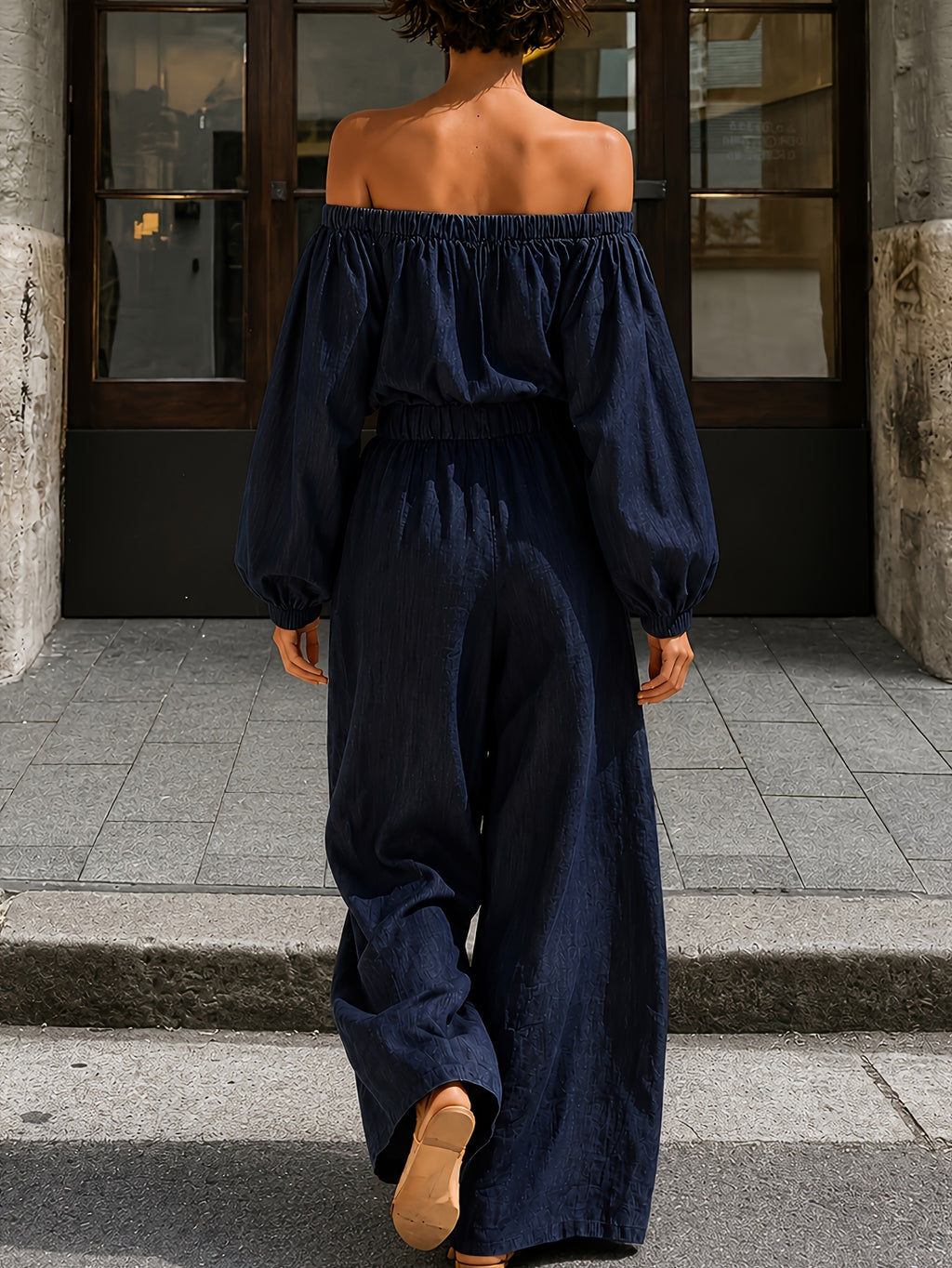 Spring/Summer Women's Fashion Off-the-Shoulder Solid Color Jumpsuit, High-Waisted Slim Fit, Figure-Flattering, Loose Fit, Casual Commuter Daily Jumpsuit - Navy blue color