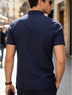 Men's Mountain Graphic Short Sleeve Henley Shirt, Mandarin Collar Half Placket Button Casual T-Shirt, Lightweight And Linen Blend Texture Summer Beach Tops - Navy Color