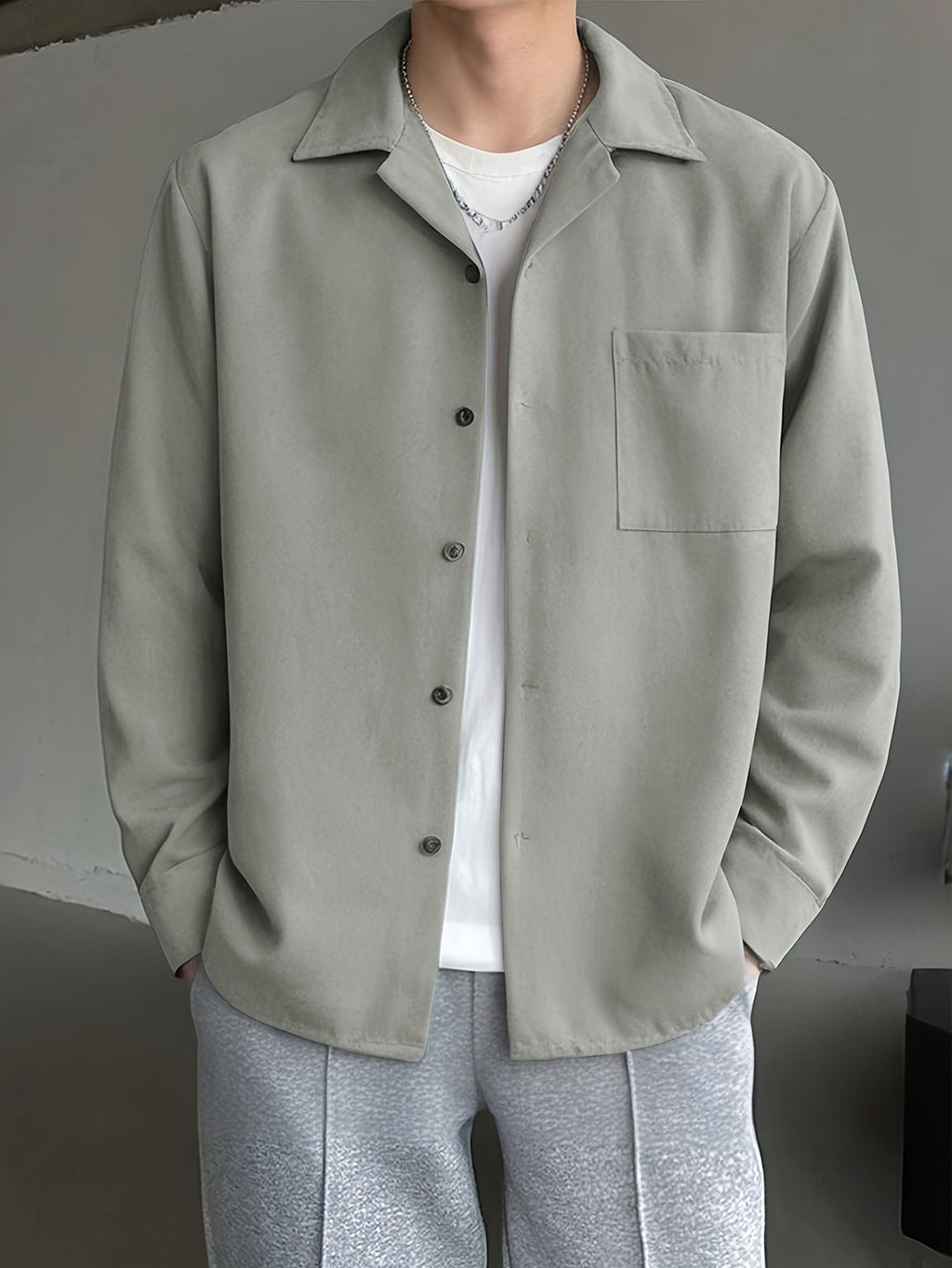 Spring And Summer New American Retro Cuban Collar Long-Sleeved Shirt Men'S Loose Drape Casual Shirt High-End Old Money Style Layering Artifact Japanese Cityboy Street Ruffian Handsome Style Thin Jacket - Light Grey