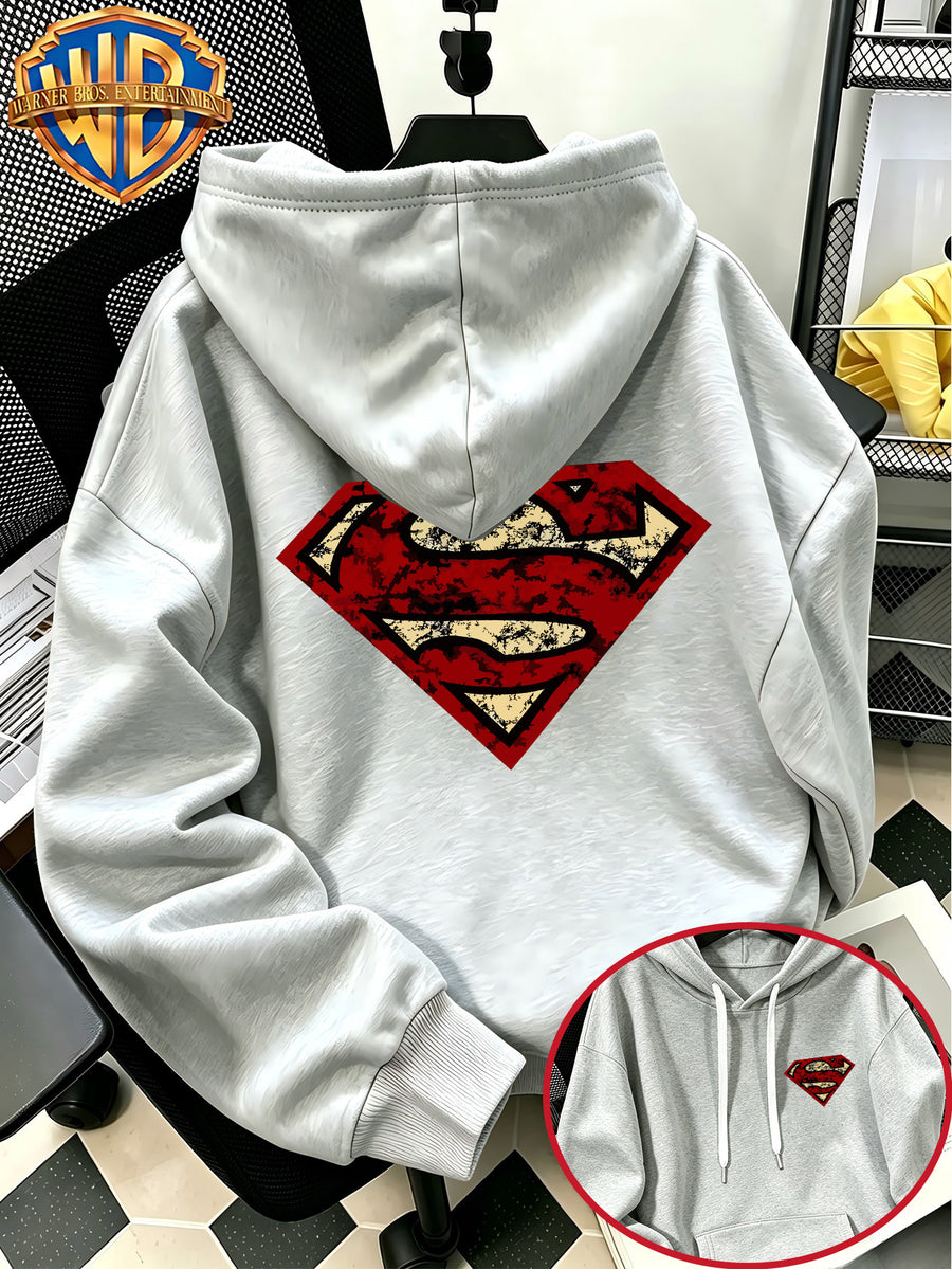 [Warner Bros. Official] Autumn/Winter Streetwear Fashion Men's Drawstring Pocket Hooded Sweatshirt, Vintage Distressed Superman "S" Logo Worn Badge Print Design, Sporty Style Loose Fit Hoodie, for Daily Casual Wear, Men's Trendy Fashion - Light Grey