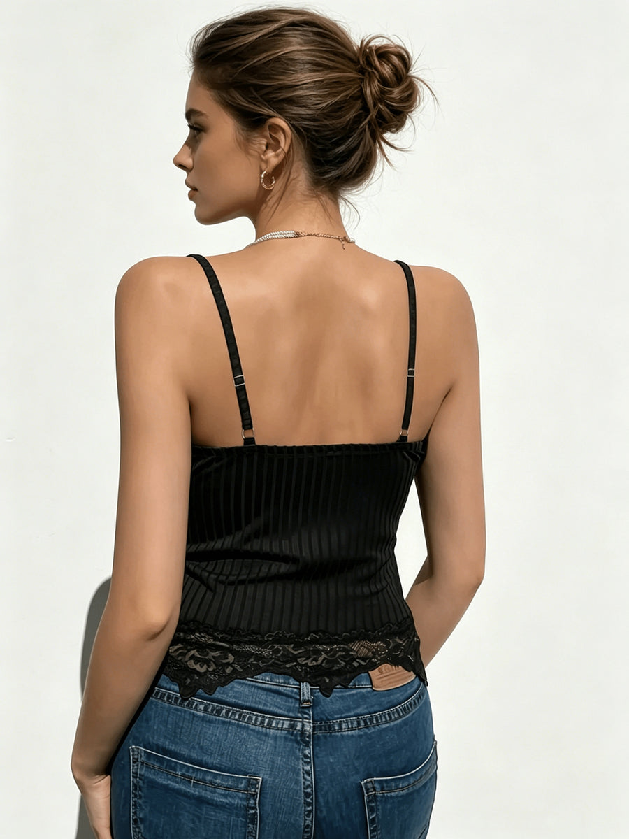 Women'S Sexy Lace Trim Ribbed Cami Top - Black