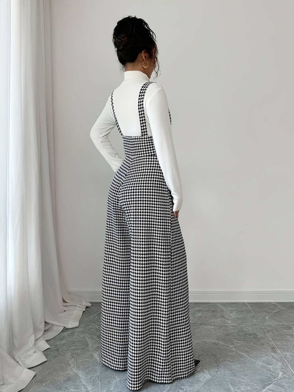 Elegant Women'S Houndstooth Camisole Straight Wide-Leg Suspender Pants, Retro Casual Overalls, All-Season Versatile for Fall And Winter - Multicolor