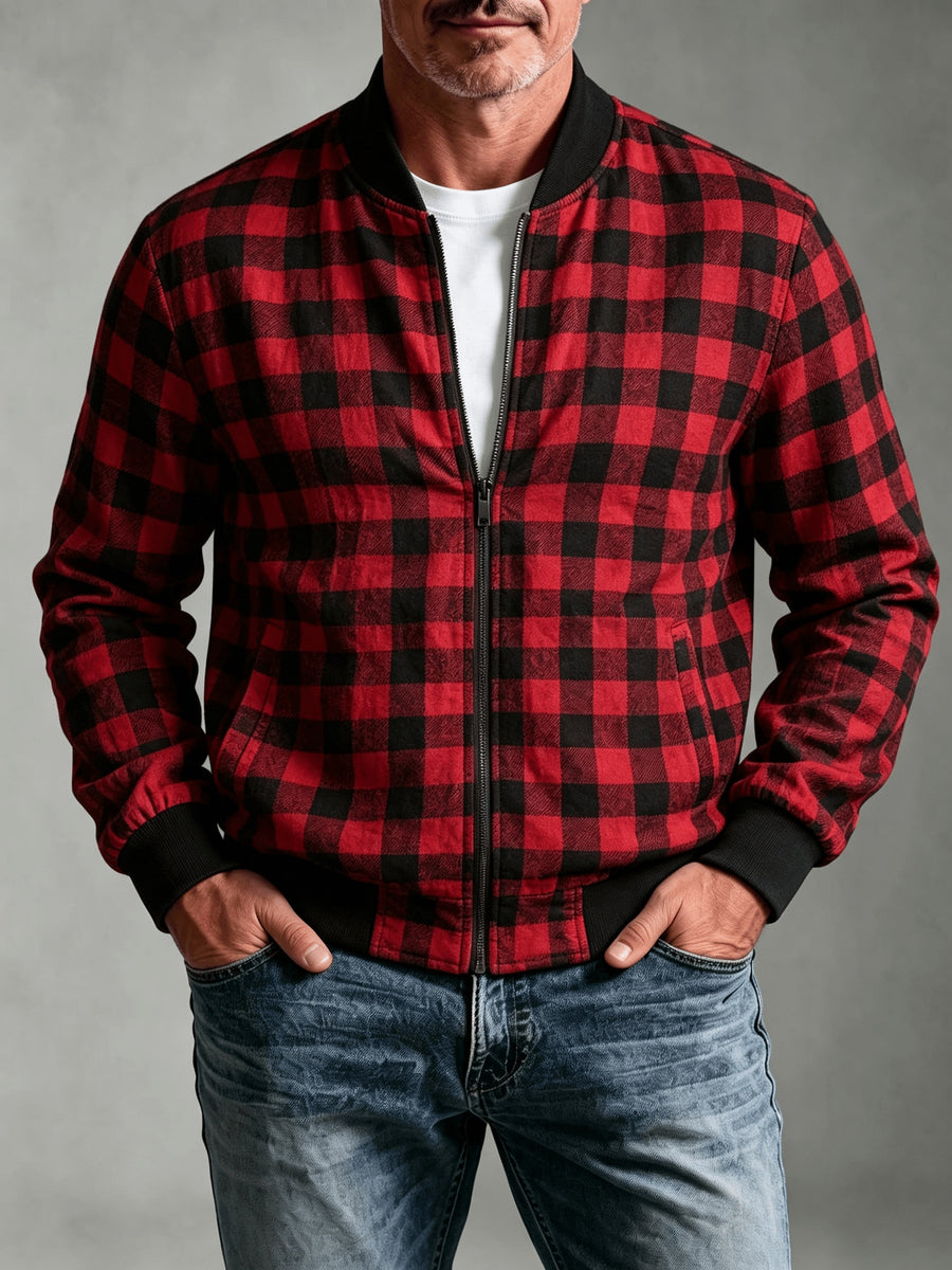 Men's Vintage Waffle Check Baseball Jacket with Zipper Front & Collar - Multi-Color Plaid Cardigan Coat (Black/White/Red/Brown/Green), Machine Washable Suitable for Commuting, Casual Streetwear Outerwear, Spring/Autumn Daily Jacket - Red-Black