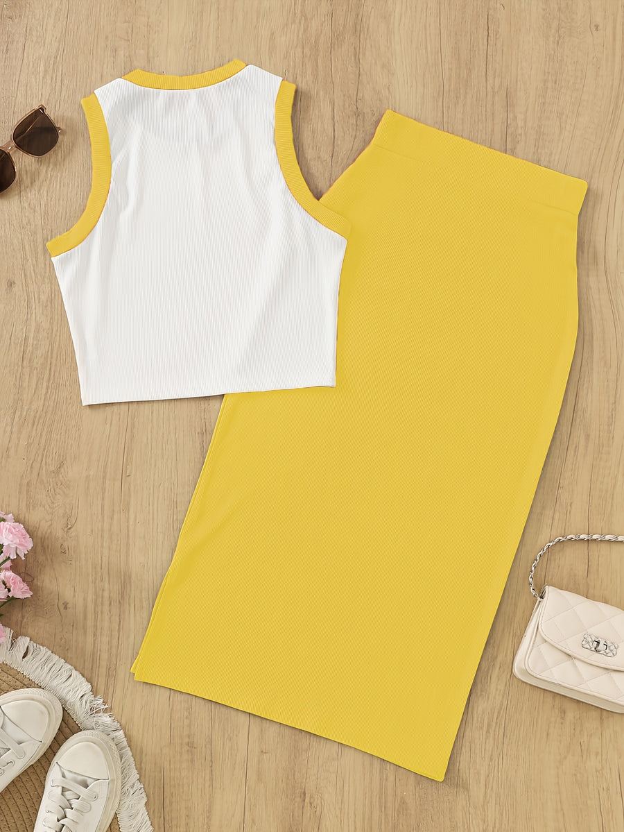 Women'S Sleeveless Vest And Slit Skirt Set - Yellow