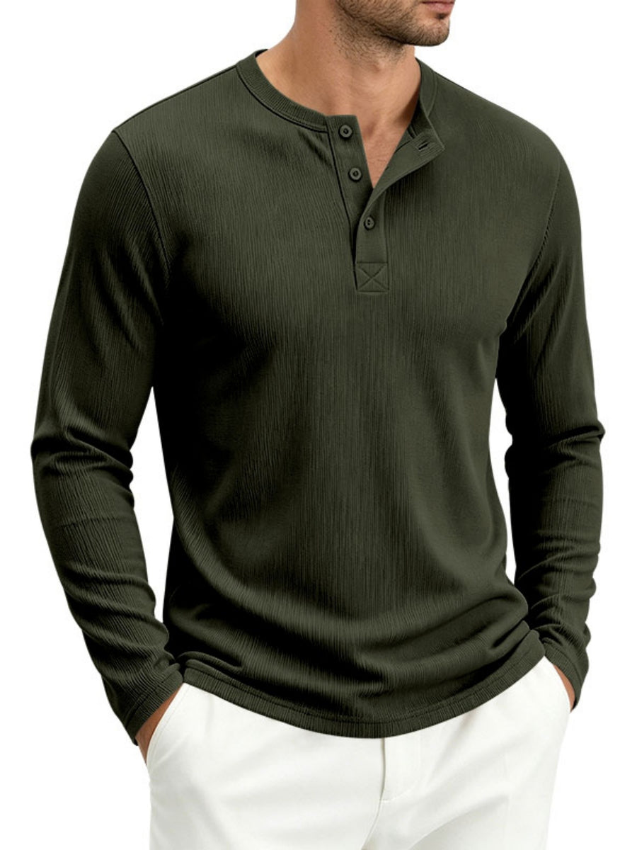Men's Spring Fall Heavyweight Ribbed Henley Shirt, American Retro Casual Long Sleeve Top, Breathable Loose Commute Henley Neck Tee - fern green
