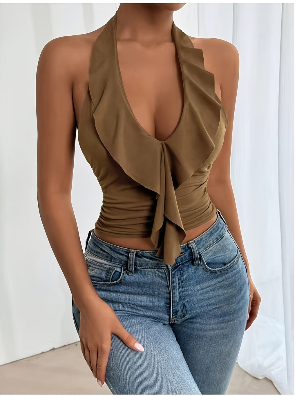 Elegant, Exquisite And Fashionable Halter Sleeveless Top - 【Brown】