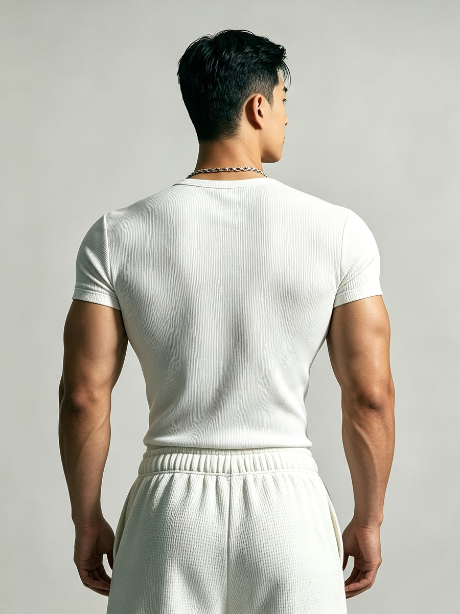 Men's Slim-Fit Henley Neck Knit Short-Sleeve T-Shirt. High-stretch Ribbed Fabric Accentuates Muscle Definition, Breathable and Sweat-wicking for a Non-stuffy Feel. Suitable for Multiple Occasions Including Fitness Training, Daily Commutes, Spring - White
