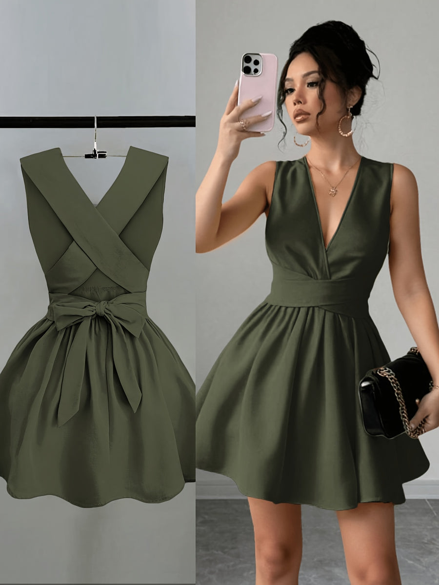 Women'S Romantic Elegant Sexy Wedding Guest Style Wearable Cross V-Neck Sleeveless A-Line Mini Dress - Olive Green