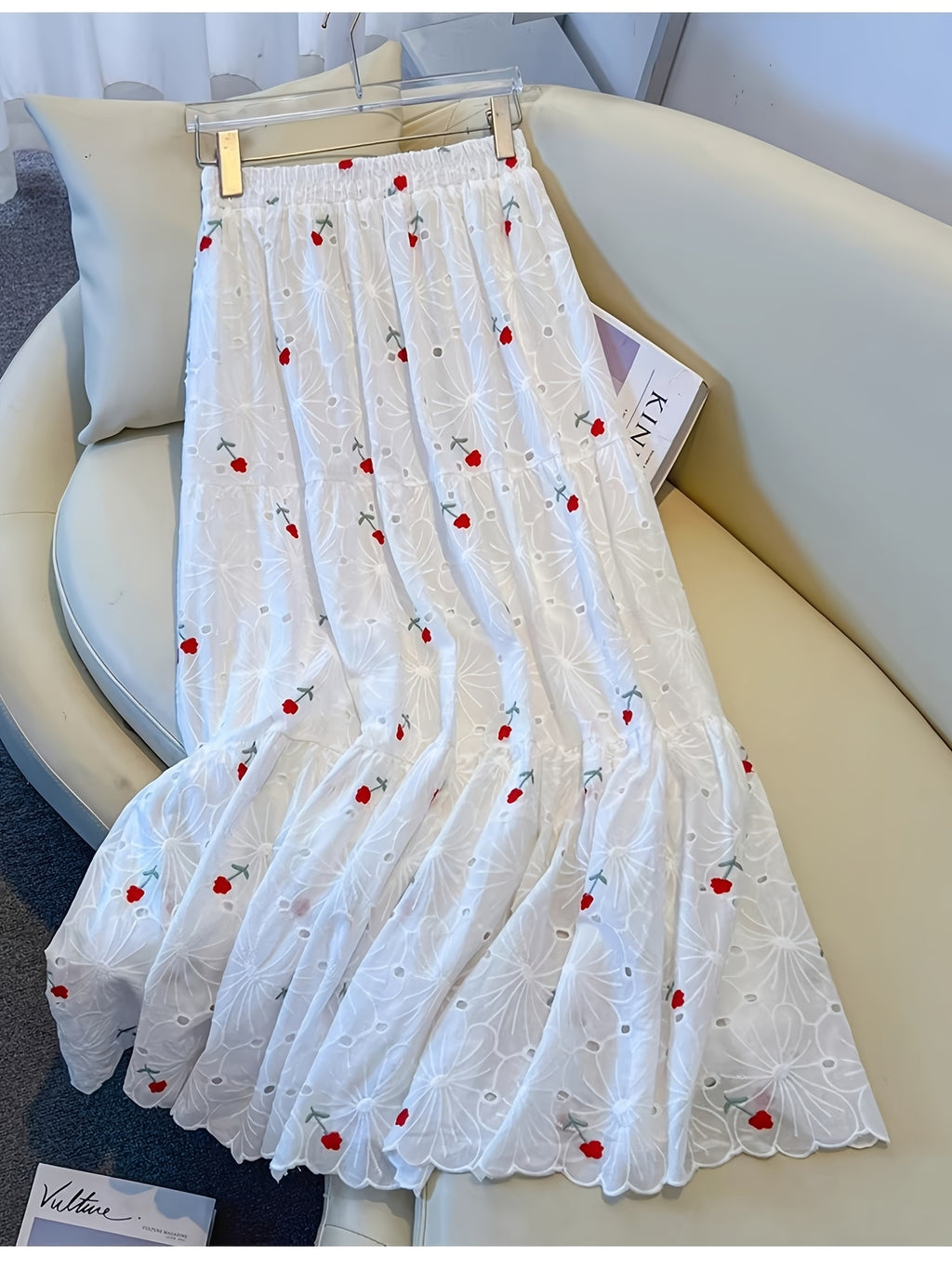 Gentle Floral Embroidered Midi Skirt for Women, New Spring And Summer 2026 Style, Suitable for Petite Figures, A-Line Fairy Dress with a Floral Pattern - White