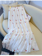 Gentle Floral Embroidered Midi Skirt for Women, New Spring And Summer 2026 Style, Suitable for Petite Figures, A-Line Fairy Dress with a Floral Pattern - White