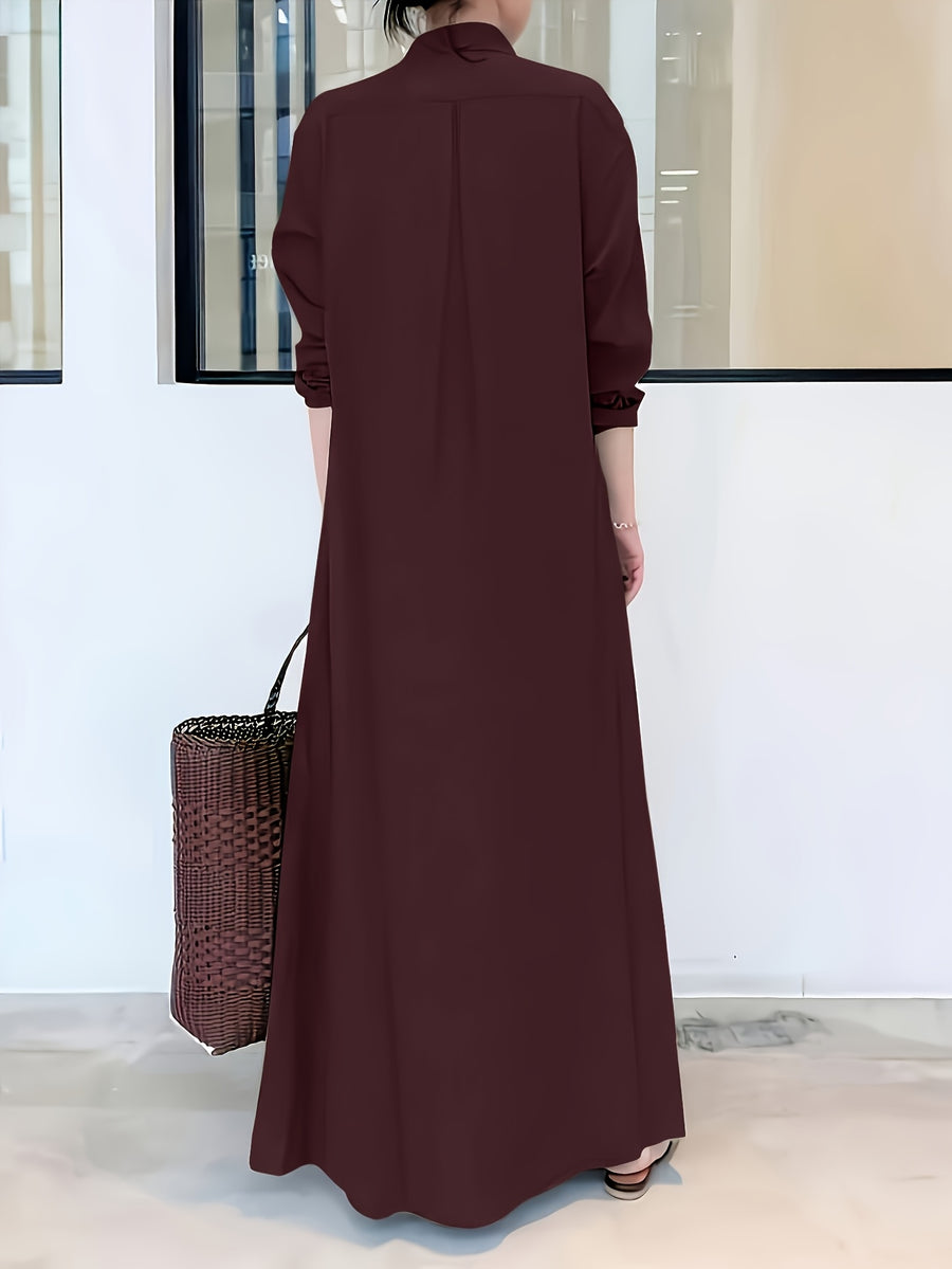 Elegant Long-sleeve Loose-fit Maxi Dress, Suitable for Spring and Autumn, Women's Clothing - Deep Red