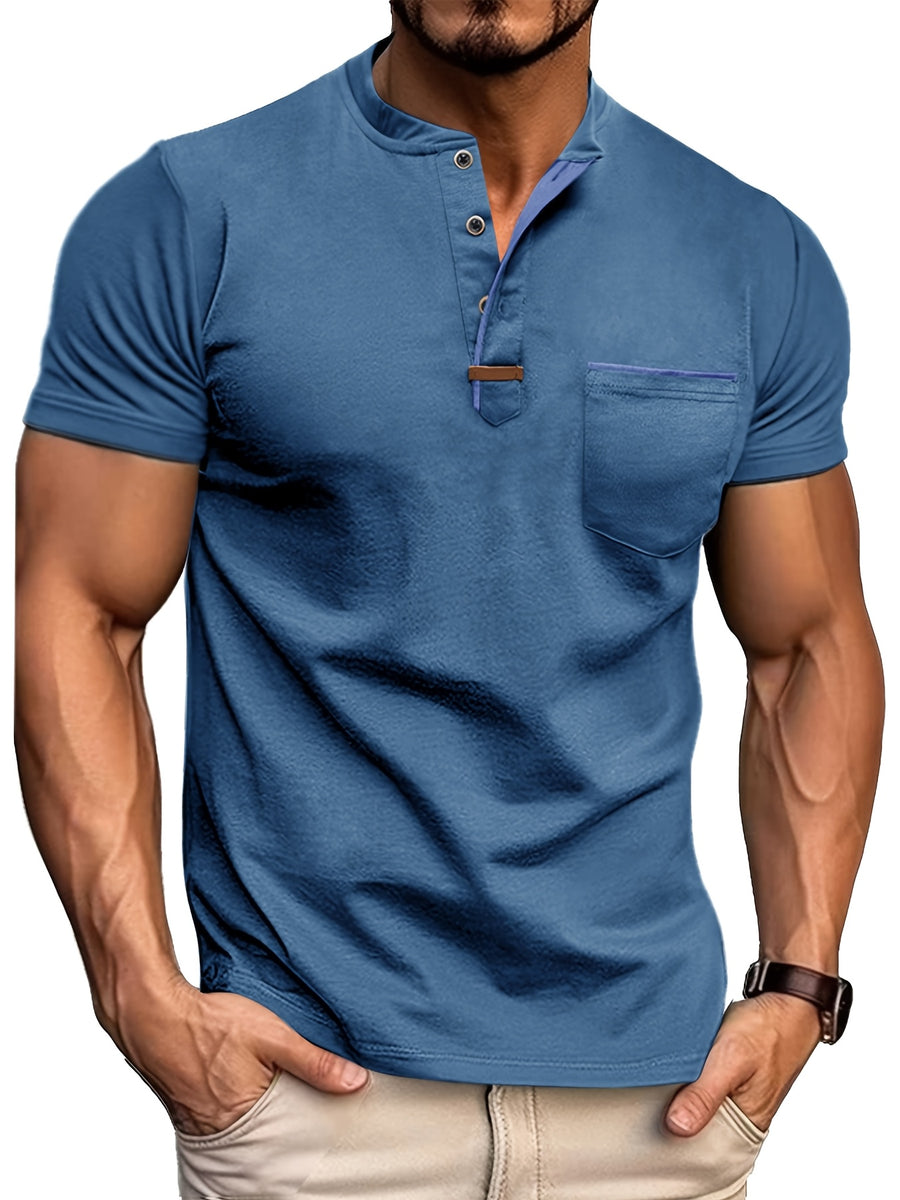 Fashion Men's Summer Short-sleeve T-shirt, Casual Round-neck Henley Shirt with Pocket - Blue